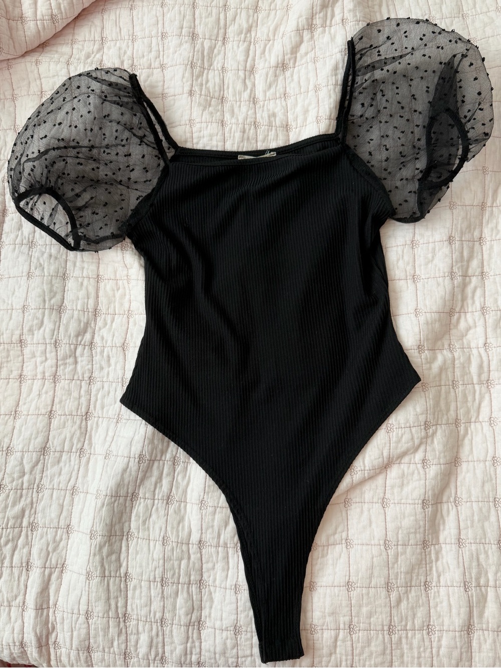 Altar'd State Black Ribbed Bodysuit with Sheer Puff Dot Sleeves